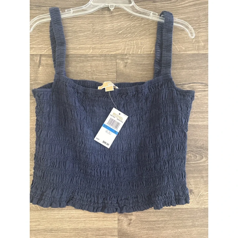 Michael Kors Midnight Blue Smocked Square Neck Tank Top XL QT64114EU2